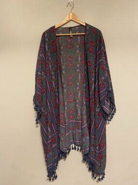 Adore Me Fringe Kimono , One Size, Blue w/ Pink Floral